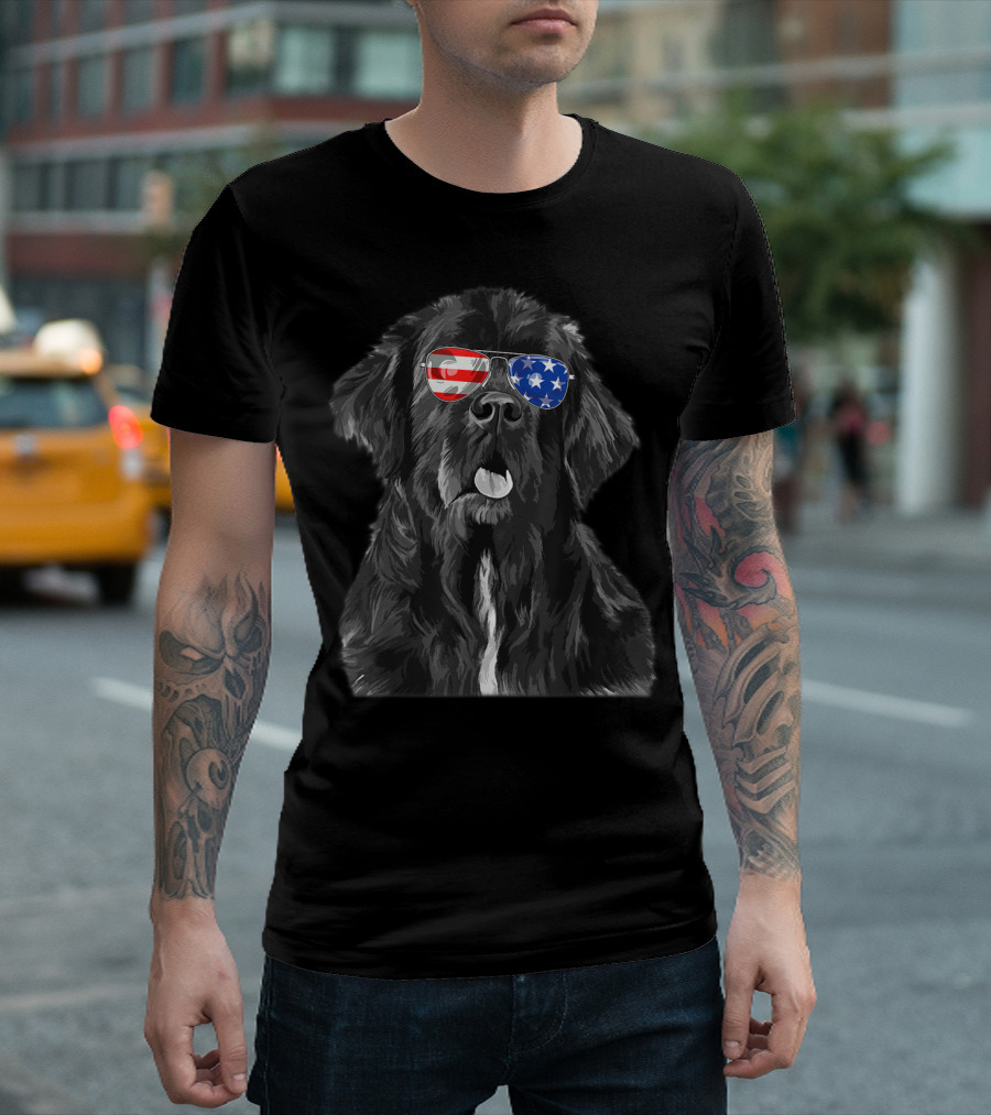 Vintage Newfoundland Dog With American Flag Glasses T-Shirt