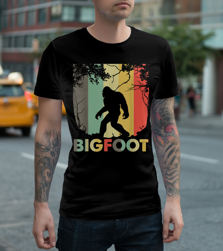 Bigfoot Silhouette Retro Forest Stripes T-Shirt