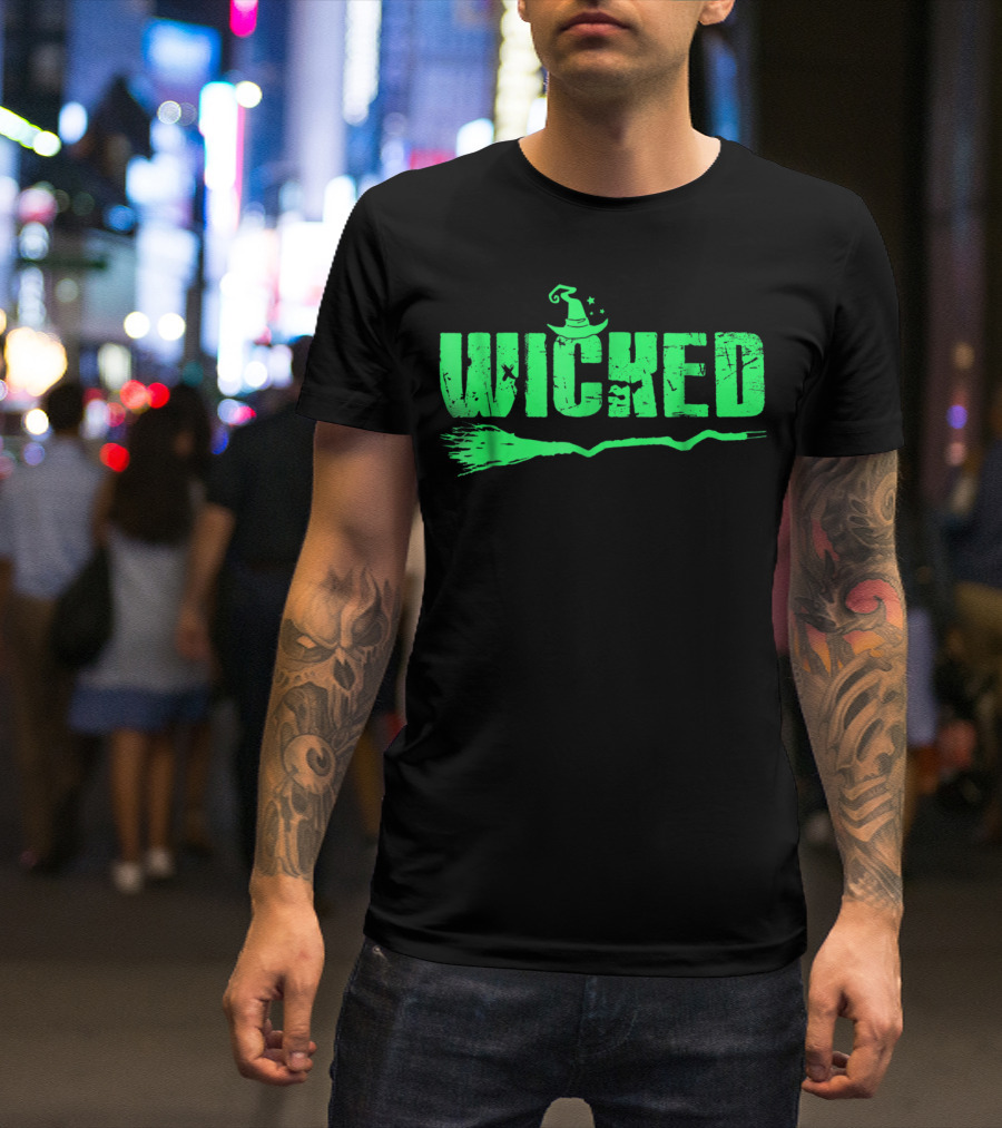 Wicked Green Witch Hat Broomstick Halloween Magic T-Shirt