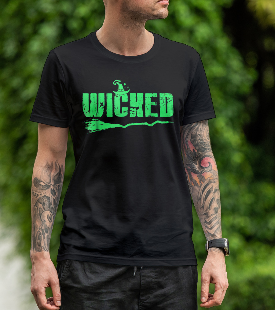 Wicked Green Witch Hat Broomstick Halloween Magic T-Shirt