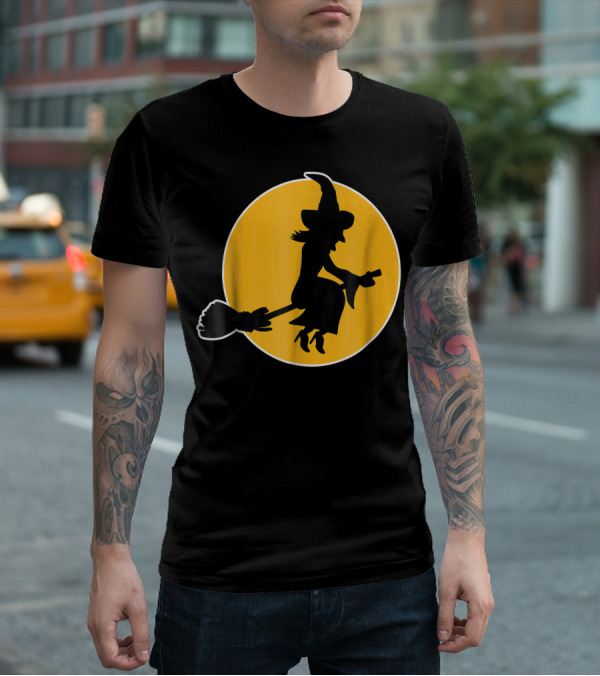 Witch Silhouette Flying Over Yellow Moon T-Shirt