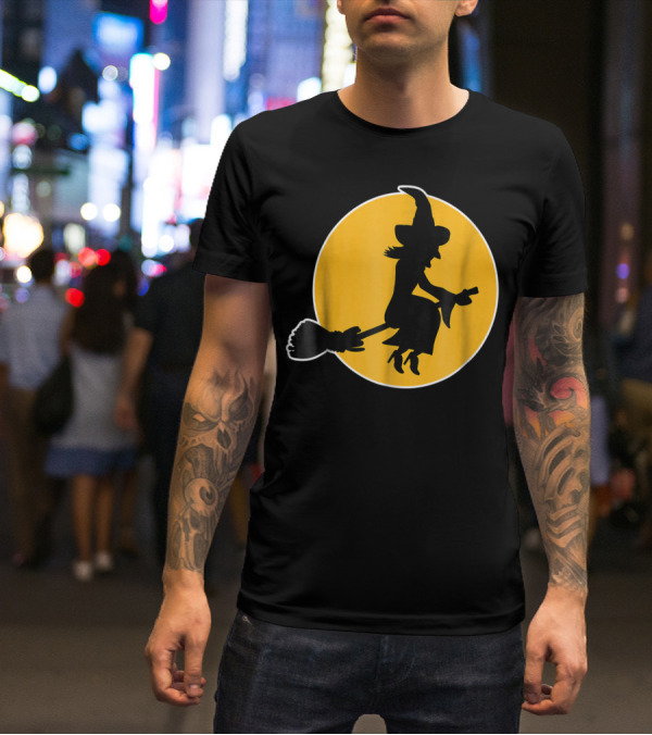 Witch Silhouette Flying Over Yellow Moon T-Shirt