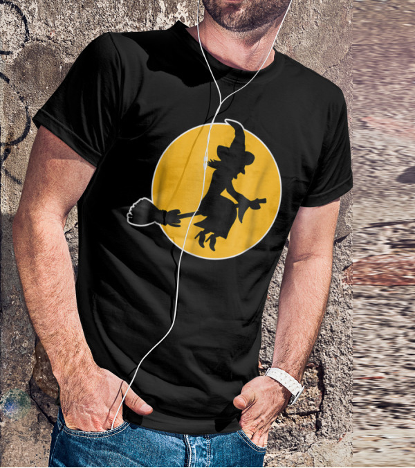 Witch Silhouette Flying Over Yellow Moon T-Shirt