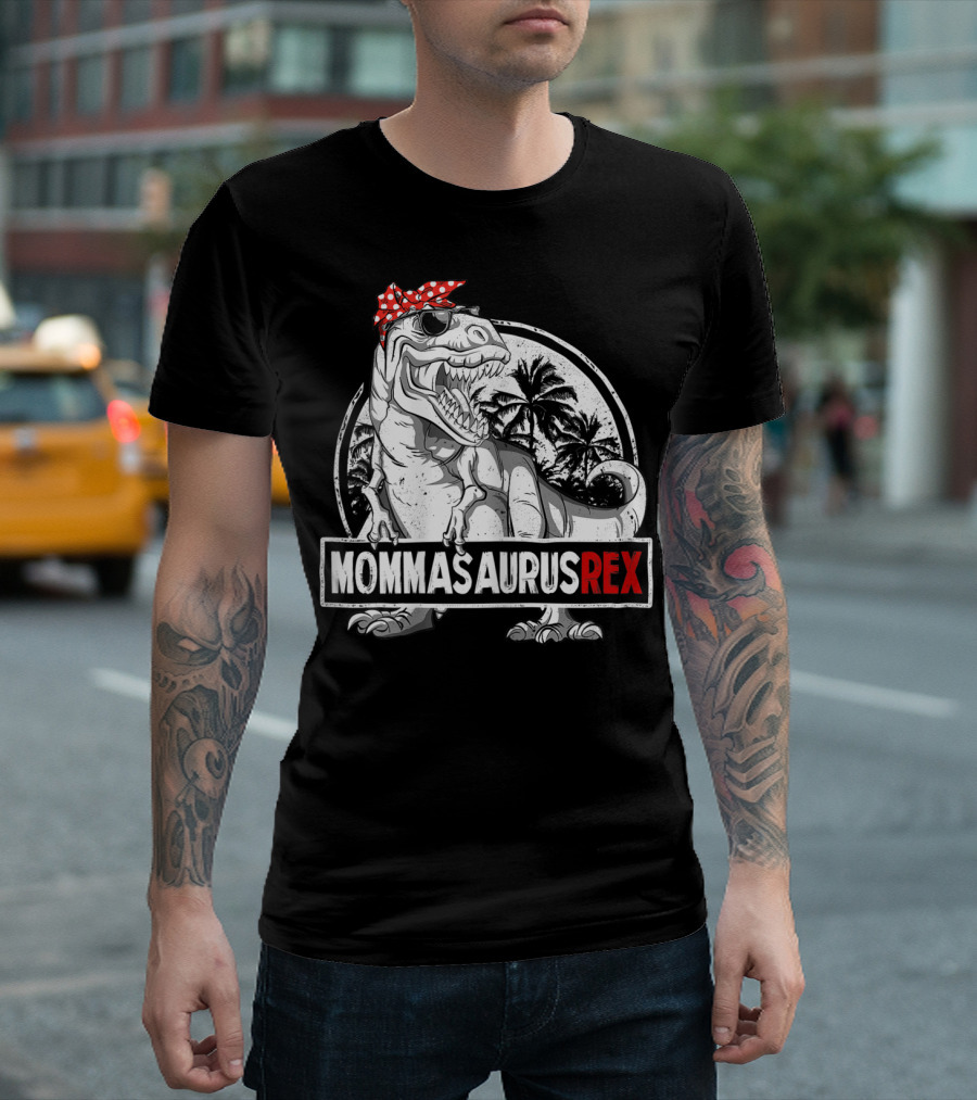 Mommasaurus Rex Dinosaur With Red Bandana And Palm Trees T-Shirt