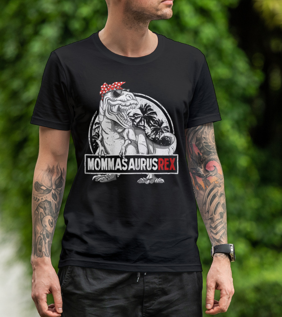 Mommasaurus Rex Dinosaur With Red Bandana And Palm Trees T-Shirt