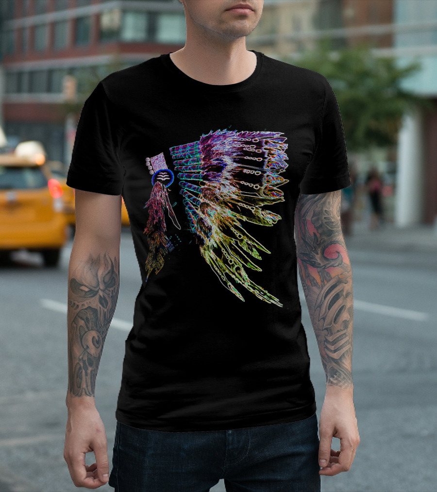 NATIVE AMERICAN HEADDRESS COLORFUL FEATHER NEON T-Shirt