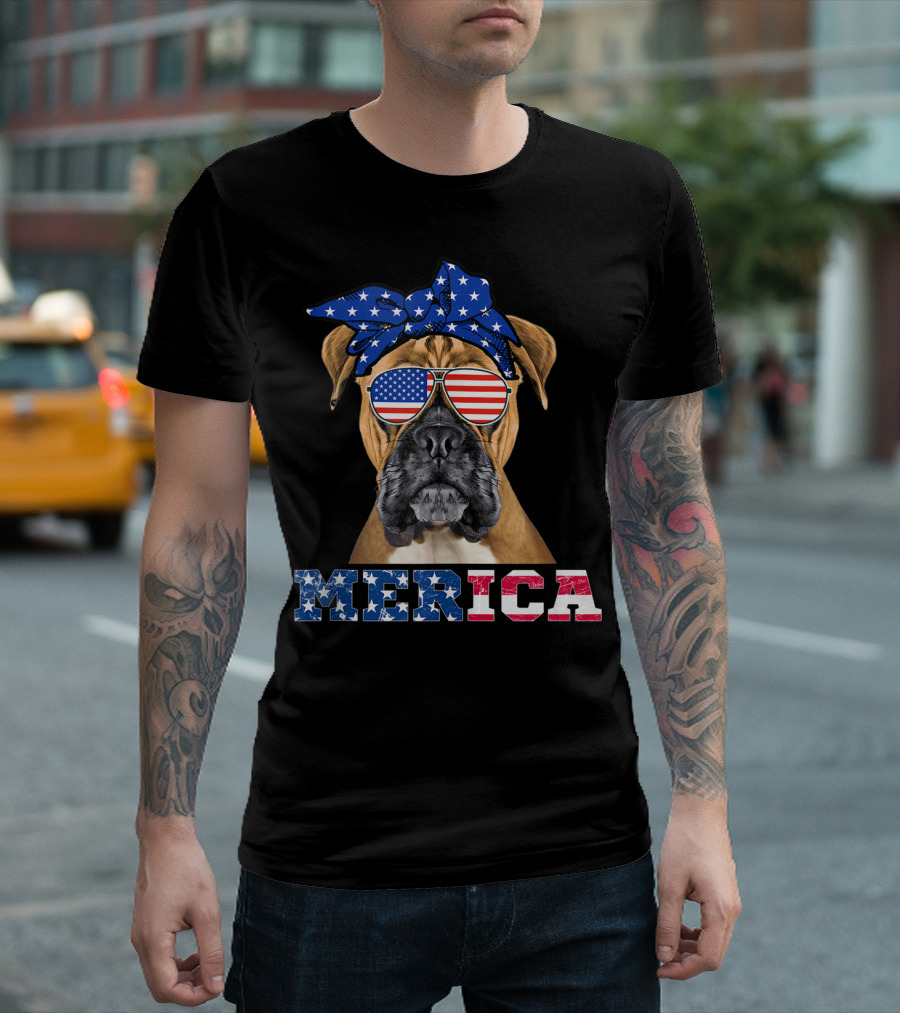 Merica Boxer Dog USA Flag Bandana Sunglasses 4th Of July Independence Day T-Shirt