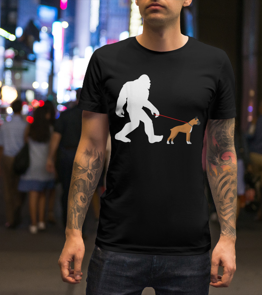 Bigfoot Sasquatch Walking Boxer Dog Novelty T-Shirt