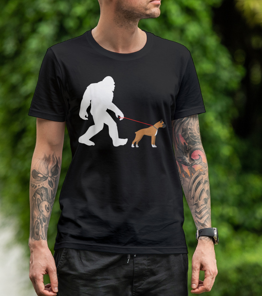 Bigfoot Sasquatch Walking Boxer Dog Novelty T-Shirt
