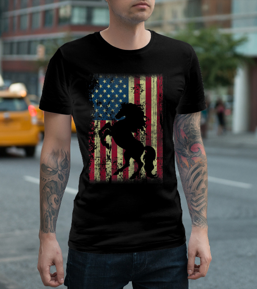 USA Patriotic Horse and American Flag T-Shirt