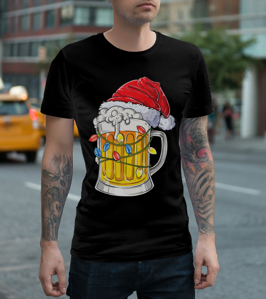 Beer Santa Hat Christmas Lights Holiday Cheer T-Shirt