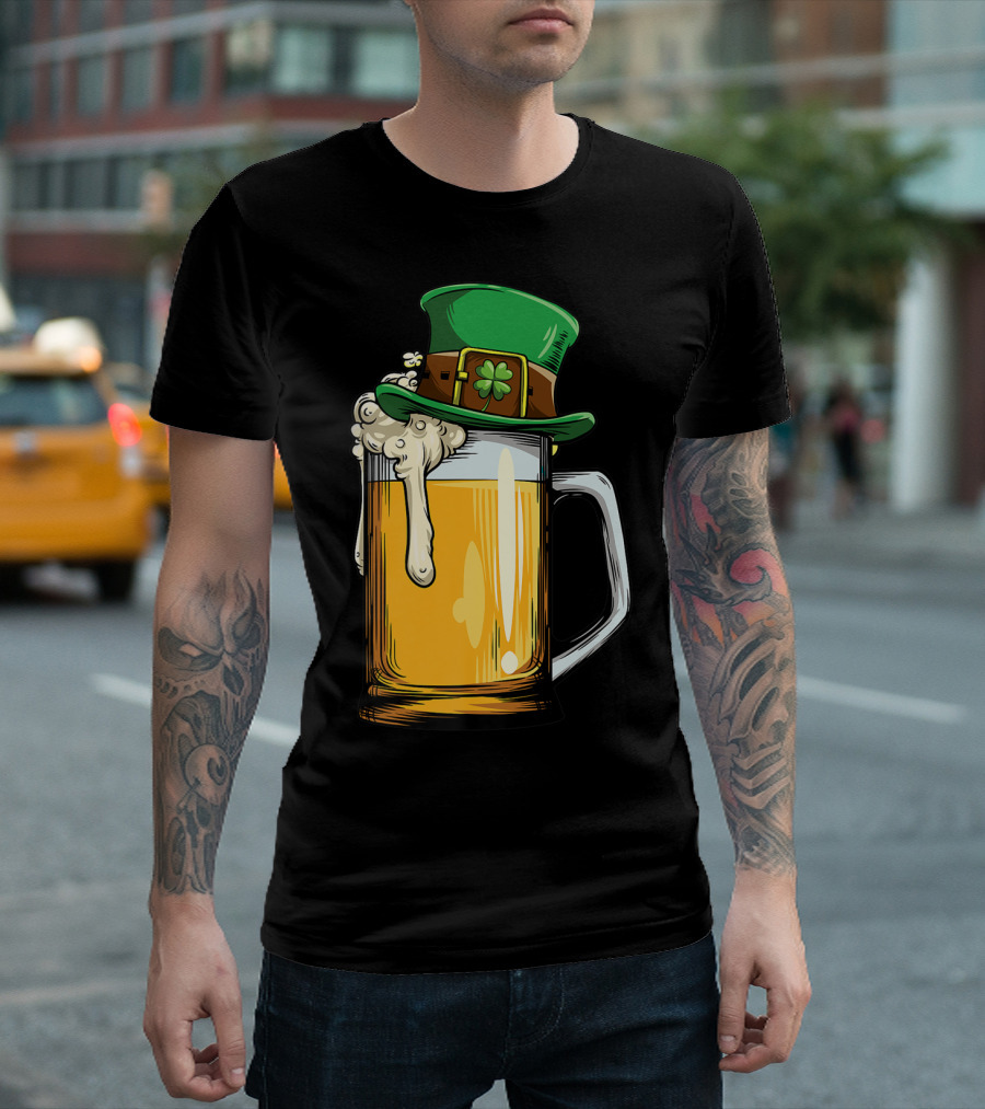 Leprechaun Hat Overflowing Beer Mug with Shamrock Foam T-Shirt