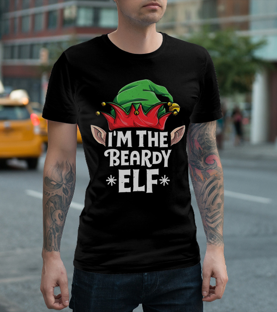 I'm The Beardy Elf with Festive Green Hat and Red Jingle Bell Motif T-Shirt