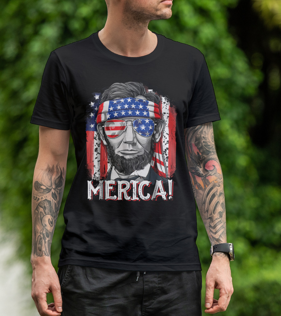 Merica Abe Lincoln Patriotic Sunglasses And Headband 4th Of July T-Shirt
