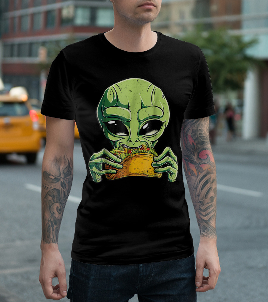 Alien Eating Taco UFO Kids Boys Galactic Snack T-Shirt