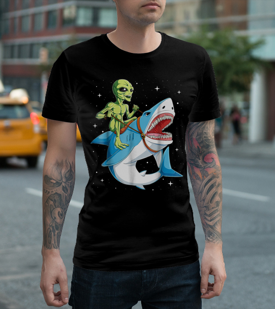 Alien Riding Shark Ufo Space Adventure Women T-Shirt