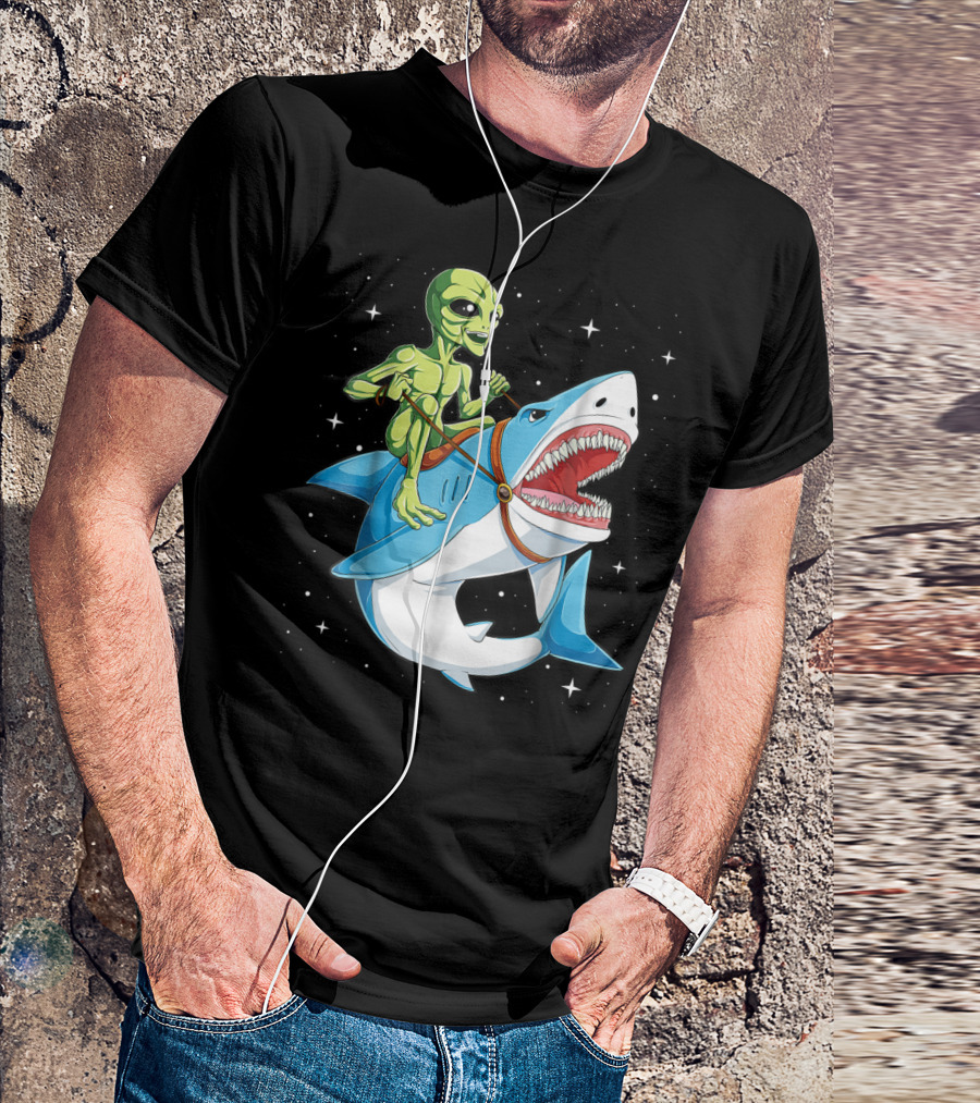Alien Riding Shark Ufo Space Adventure Women T-Shirt