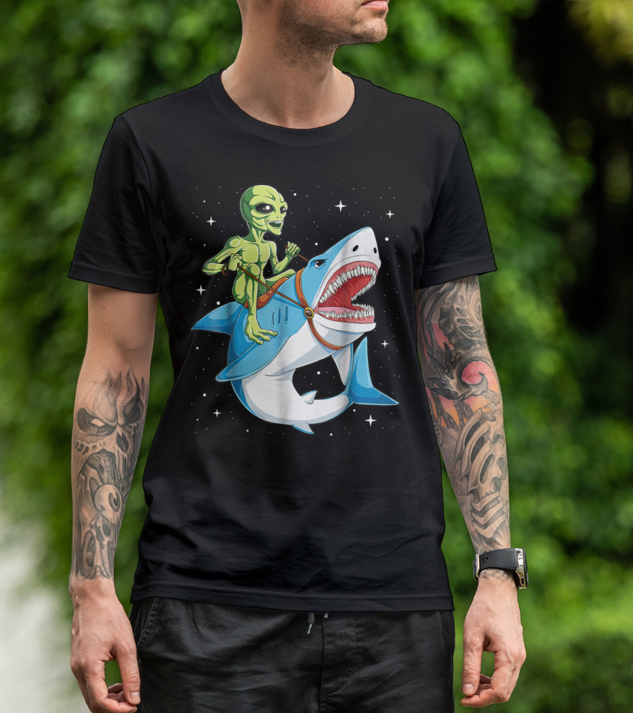 Alien Riding Shark Ufo Space Adventure Women T-Shirt