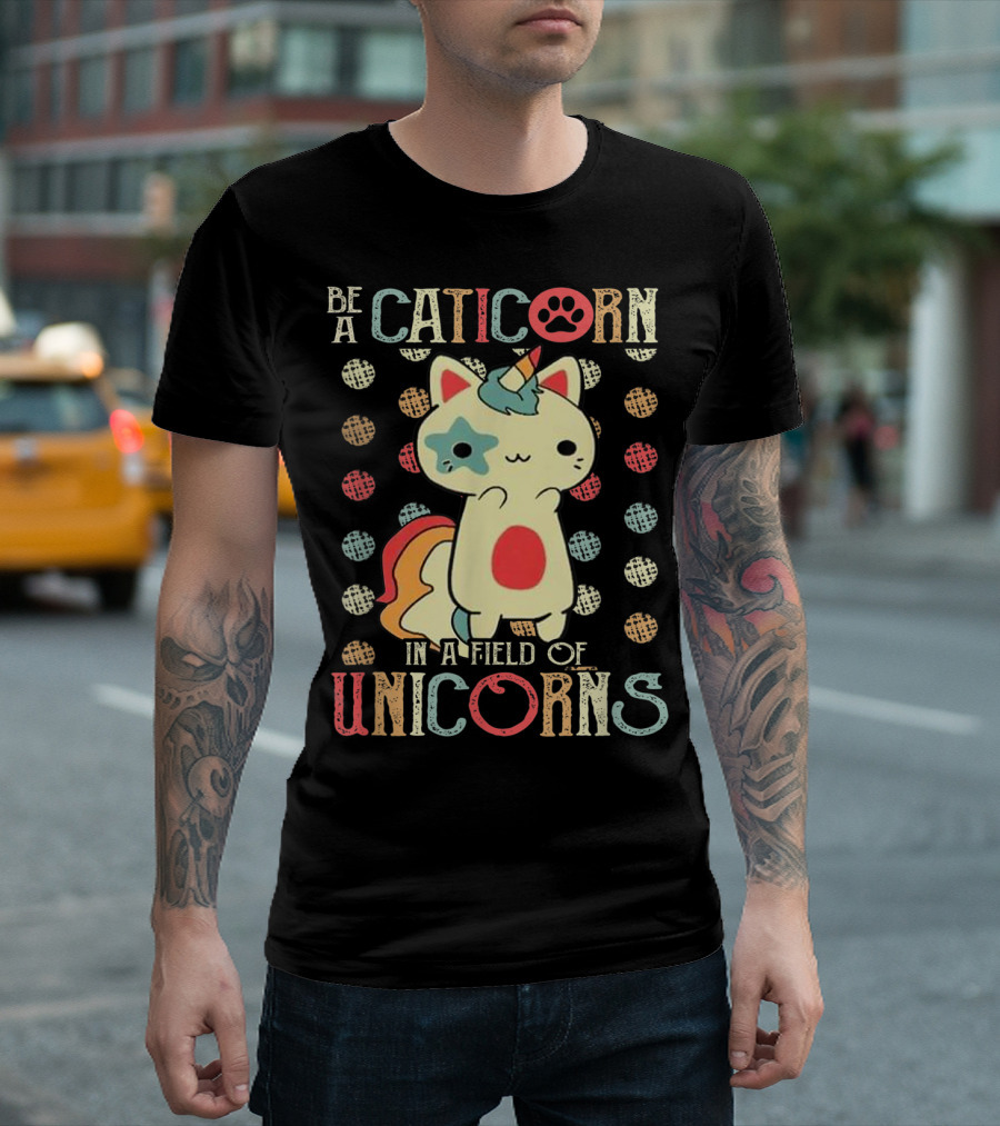 Be A Caticorn In A Field Of Unicorns Caticorn Pawprint Dotted Background T-Shirt