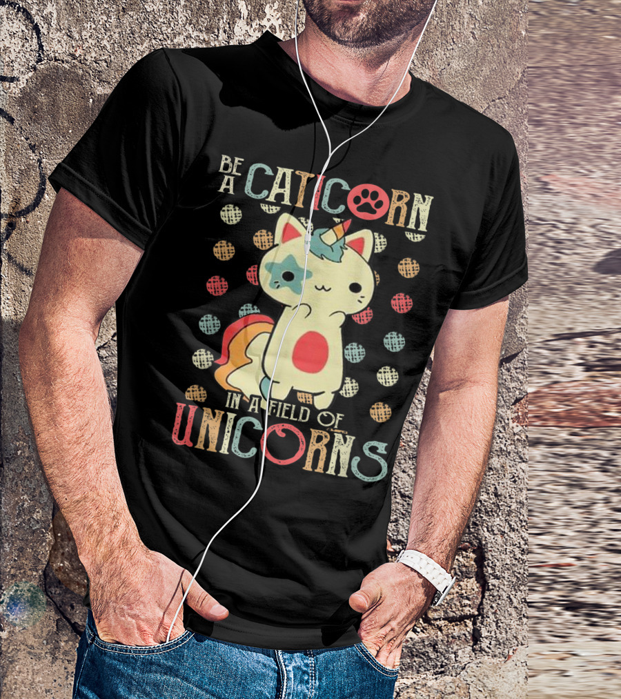 Be A Caticorn In A Field Of Unicorns Caticorn Pawprint Dotted Background T-Shirt