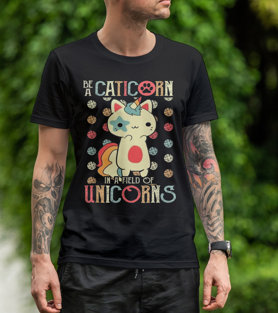 Be A Caticorn In A Field Of Unicorns Caticorn Pawprint Dotted Background T-Shirt