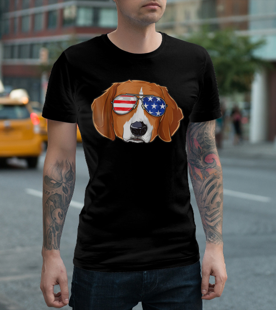 Beagle In American Flag Sunglasses 4th Of July Dog T-Shirt