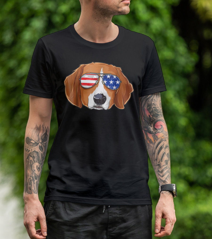 Beagle In American Flag Sunglasses 4th Of July Dog T-Shirt
