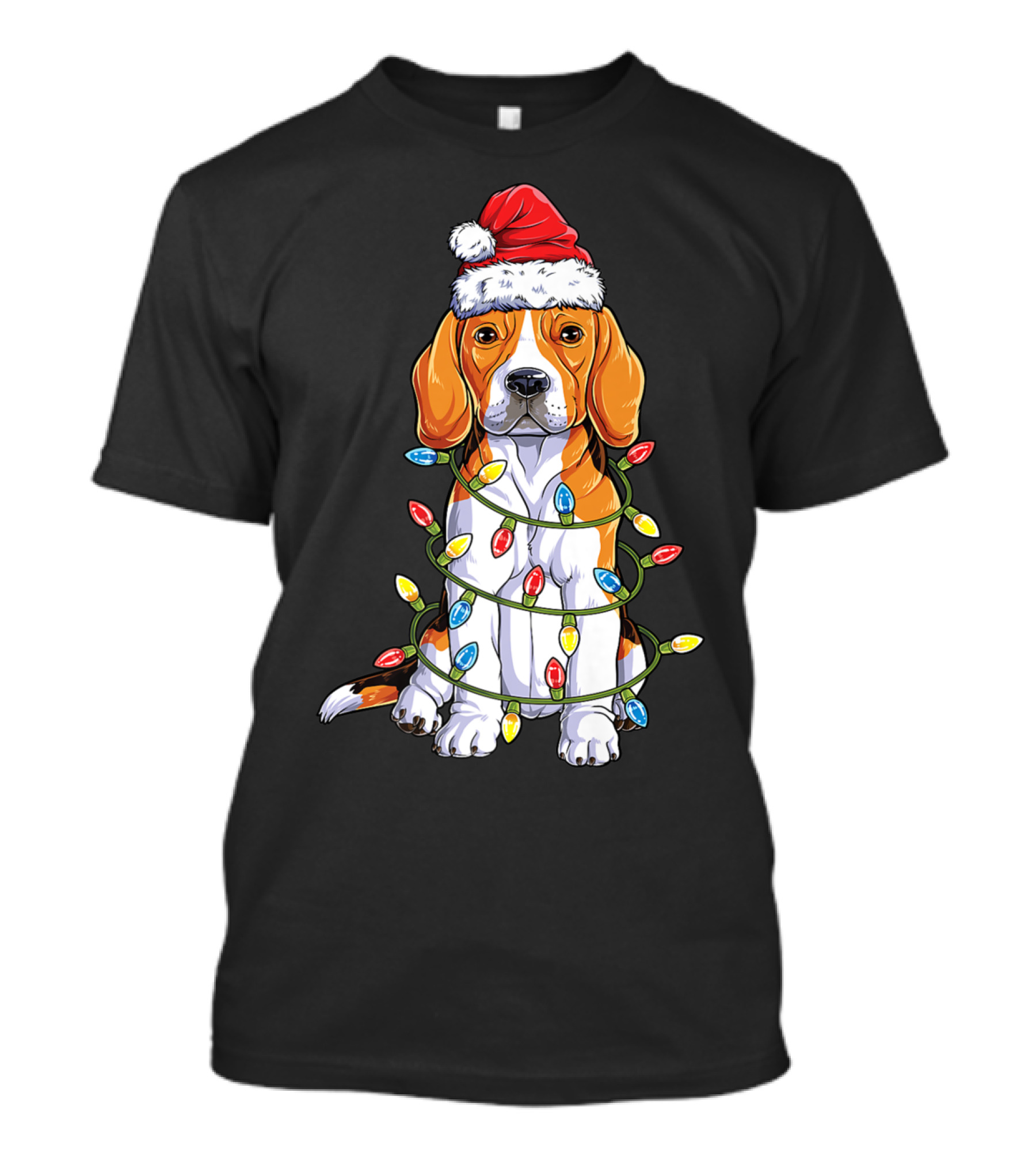 Beagle Santa Hat Wrapped In Christmas Tree Lights T-Shirt