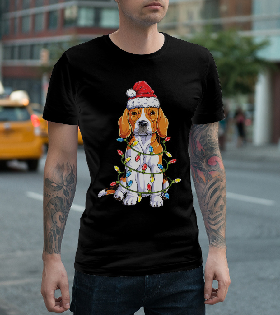 Beagle Santa Hat Wrapped In Christmas Tree Lights T-Shirt