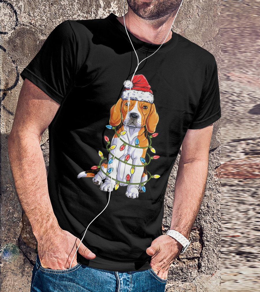 Beagle Santa Hat Wrapped In Christmas Tree Lights T-Shirt