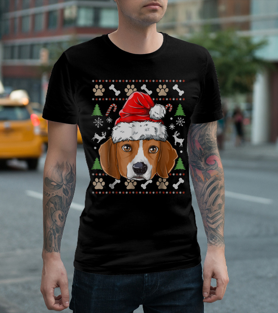 Beagle Christmas Santa Hat Festive Dog Paw Bone T-Shirt