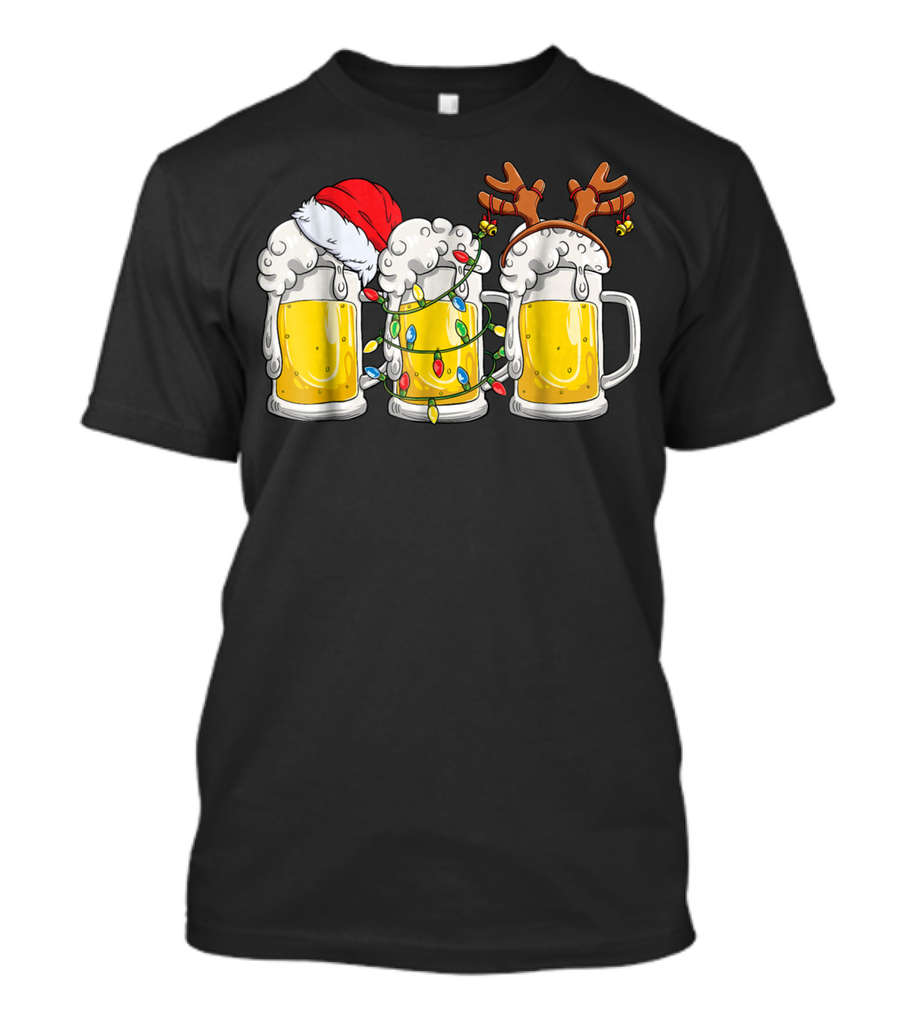 Santa Beer Mug Reindeer Xmas Lights Festive Reinbeer T-Shirt