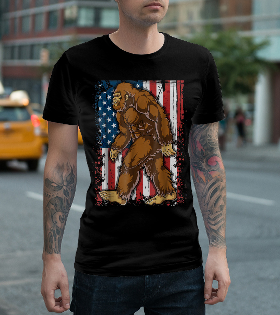 Bigfoot Walking Across American Flag for 4th of July T-Shirt
