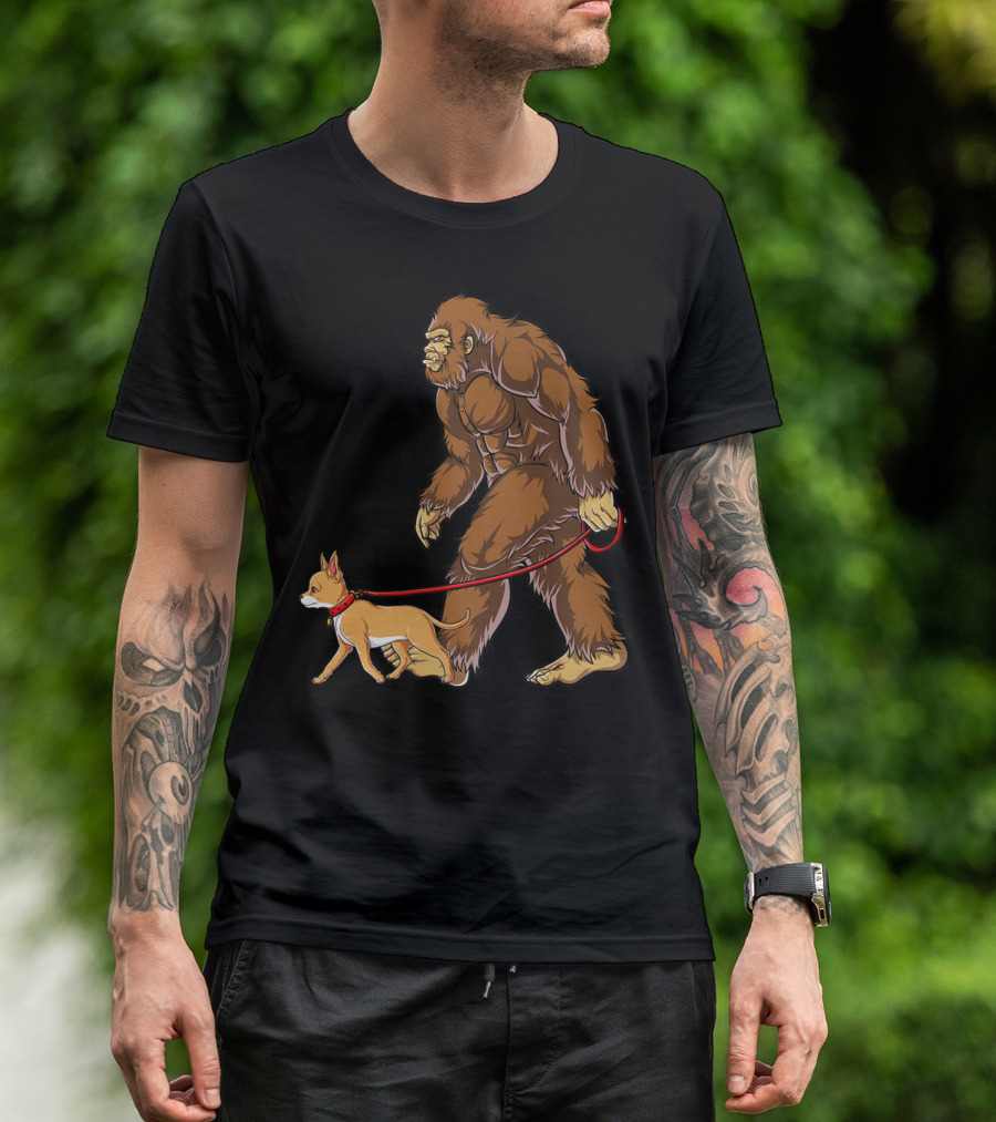 Bigfoot Walking Chihuahua Sasquatch Graphic For Kids And Men T-Shirt