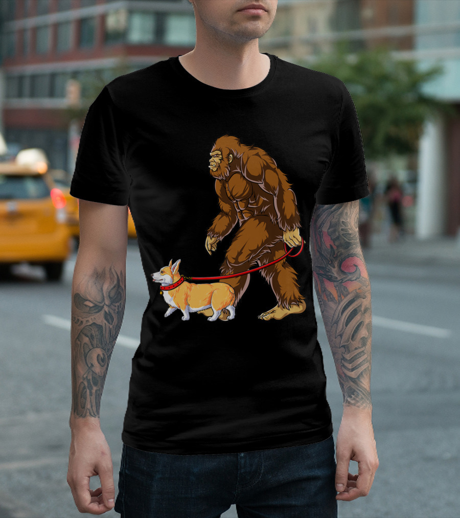 Bigfoot Walking Corgi Sasquatch Dog Walk T-Shirt