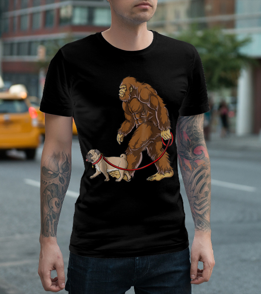 Bigfoot Walking Pug Sasquatch Dog Leash Scene T-Shirt