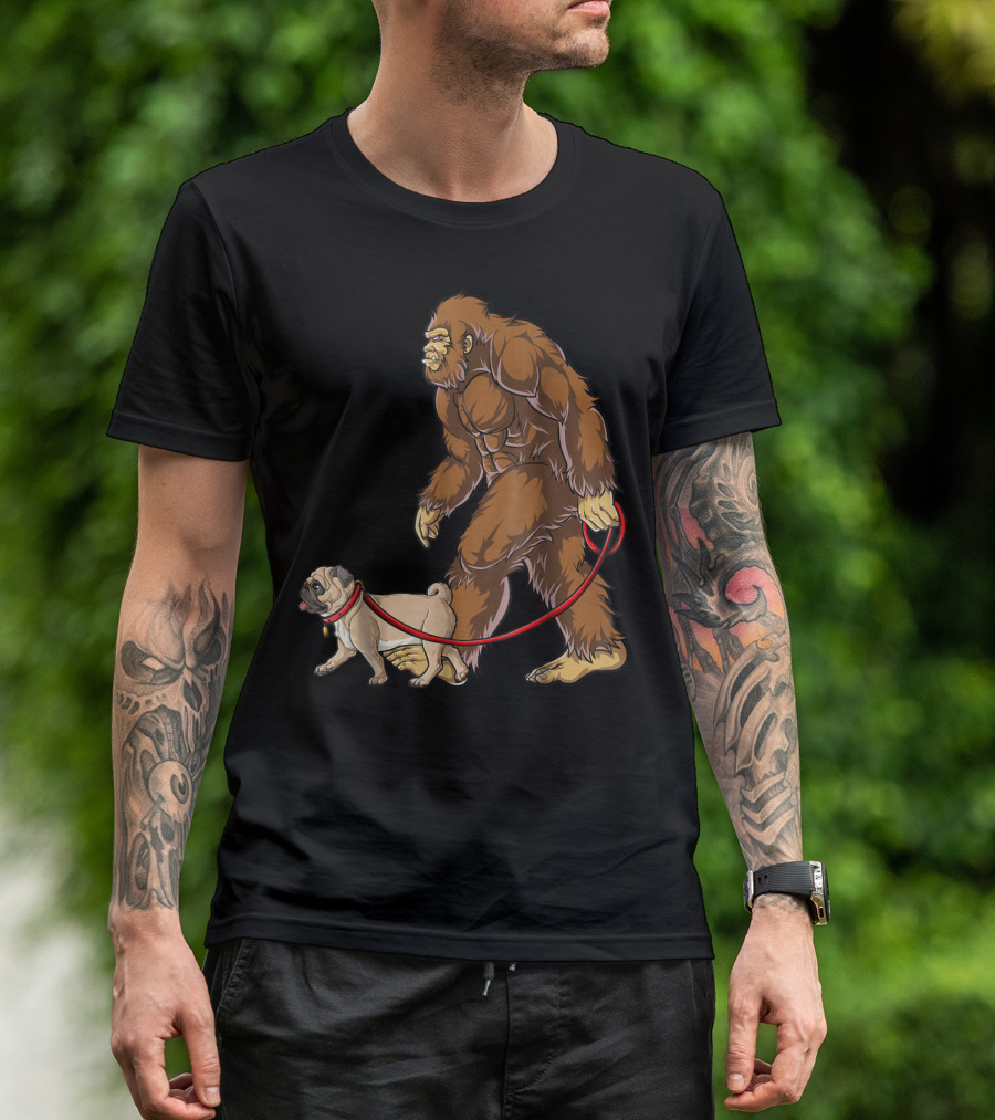 Bigfoot Walking Pug Sasquatch Dog Leash Scene T-Shirt