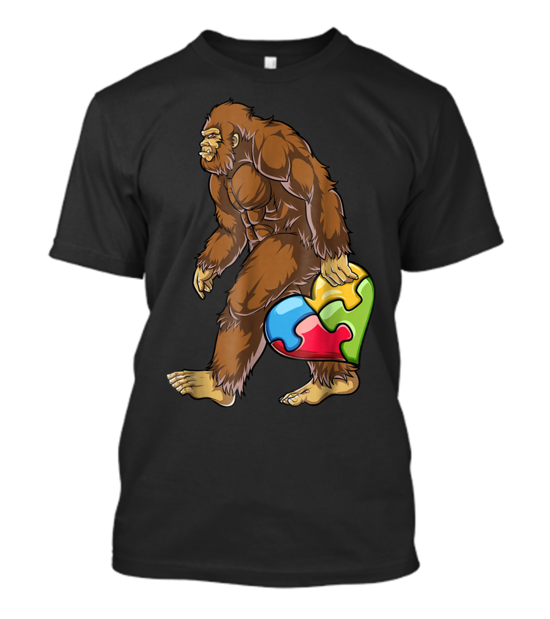 Bigfoot Carrying Heart Puzzle Piece Autism Awareness T-Shirt