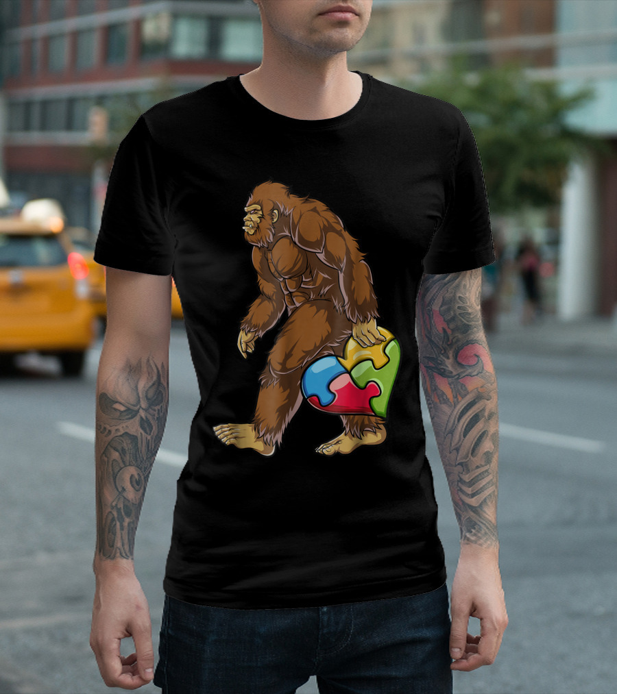 Bigfoot Carrying Heart Puzzle Piece Autism Awareness T-Shirt