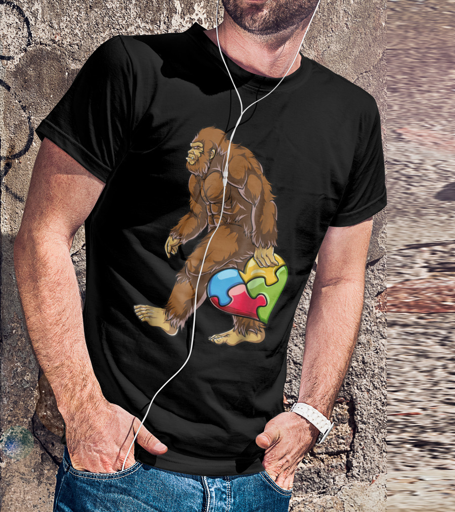 Bigfoot Carrying Heart Puzzle Piece Autism Awareness T-Shirt