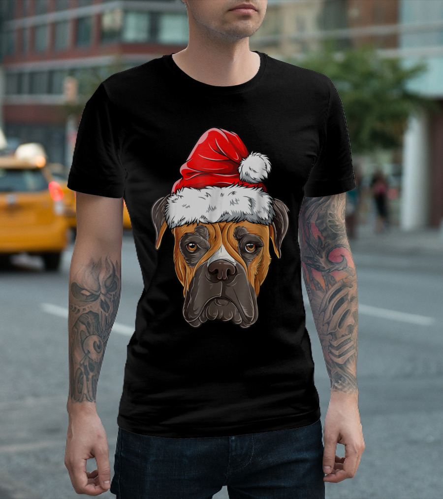 Boxer Dog Wearing Santa Hat Holiday Fun T-Shirt