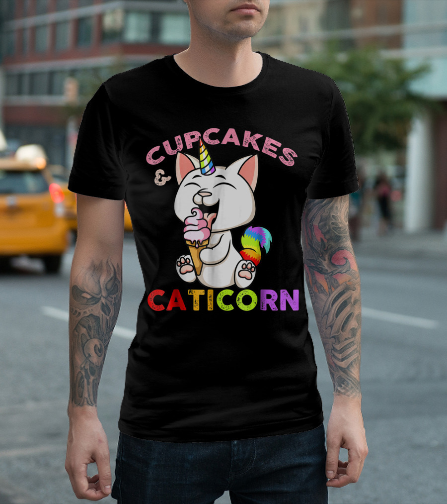 Cupcakes And Caticorn Rainbow Tail Unicorn Cat Eating Ice Cream Cone T-Shirt