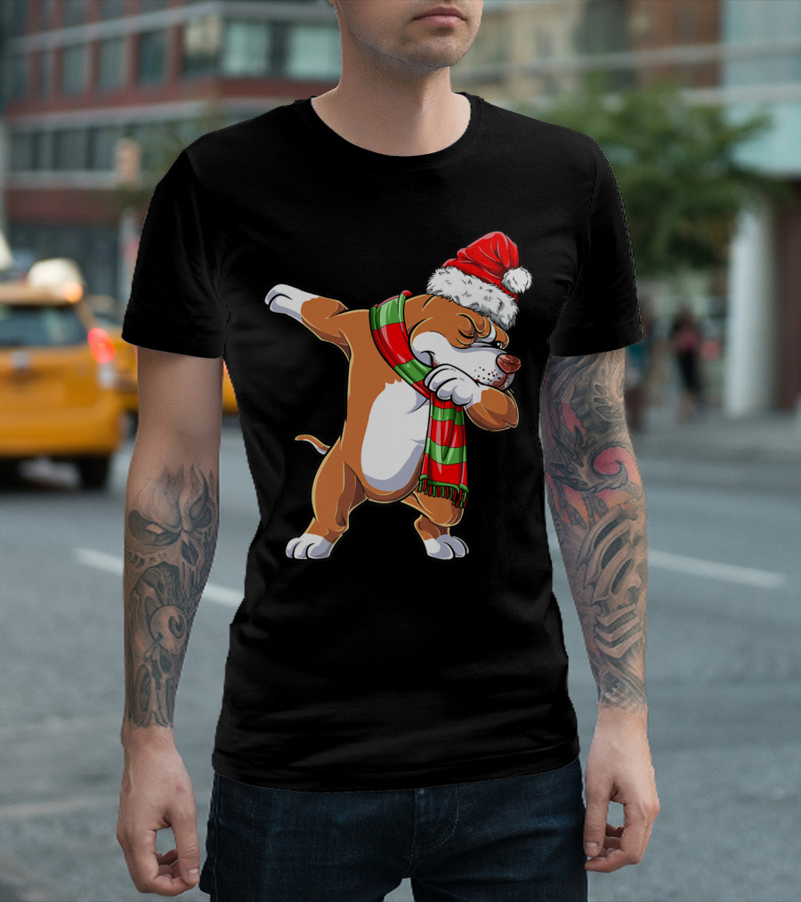Christmas Boys Dabbing Pit Bull Santa Hat Scarf T-Shirt