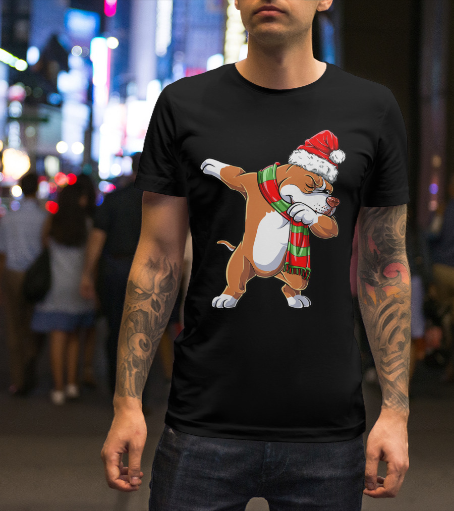 Christmas Boys Dabbing Pit Bull Santa Hat Scarf T-Shirt
