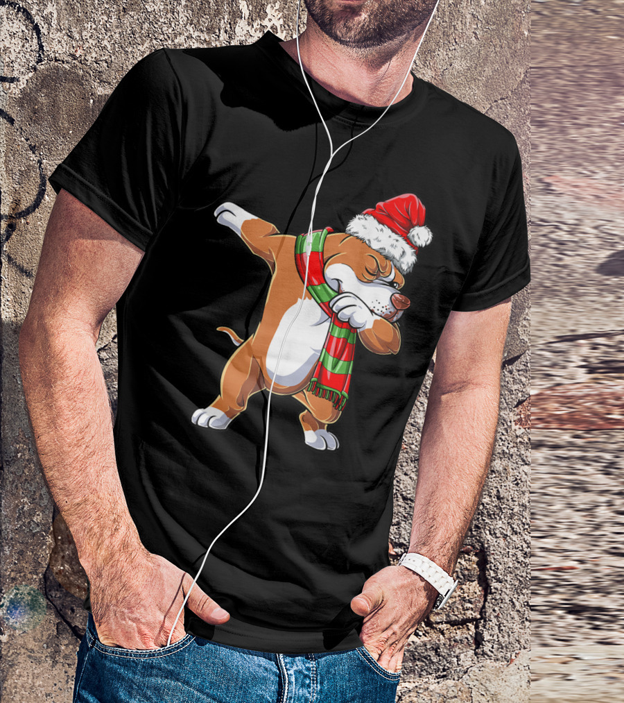Christmas Boys Dabbing Pit Bull Santa Hat Scarf T-Shirt