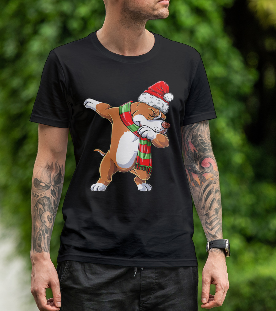 Christmas Boys Dabbing Pit Bull Santa Hat Scarf T-Shirt