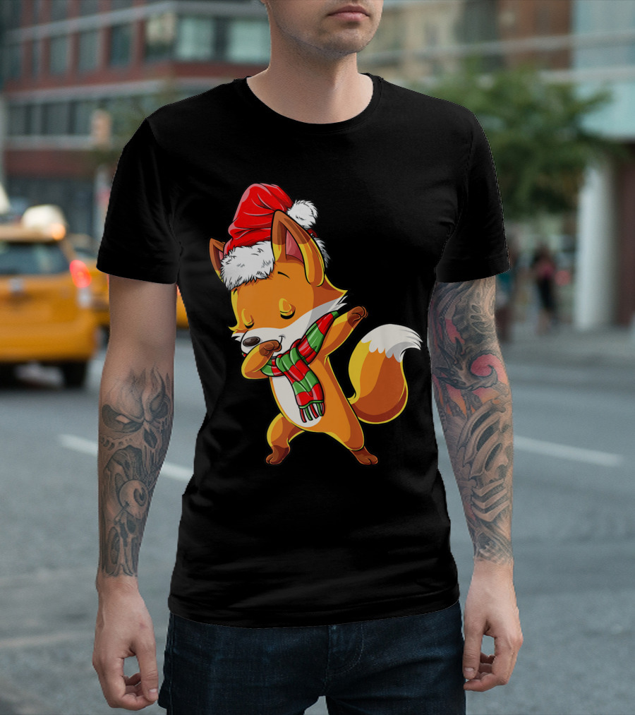 Christmas Dabbing Fox Santa Hat Scarf T-Shirt