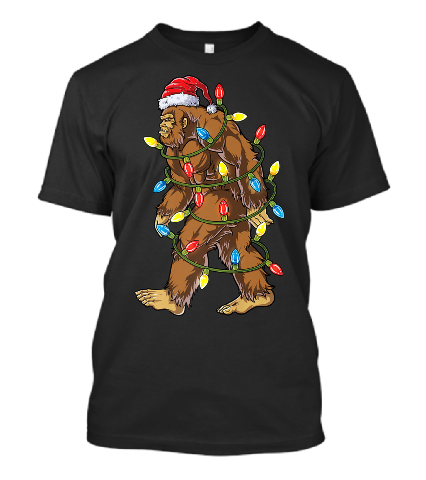 Bigfoot Wrapped In Xmas Tree Lights With Santa Hat T-Shirt