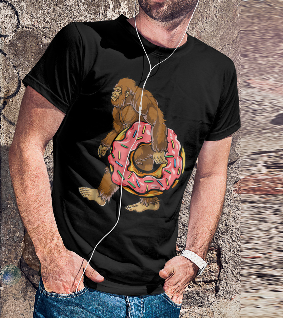 Bigfoot Sasquatch With Pink Sprinkle Donut For Women And Kids T-Shirt
