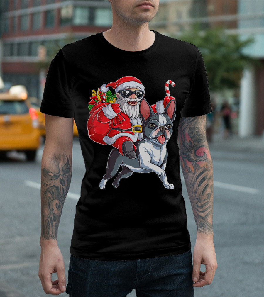 Santa Claus Riding Boston Terrier Christmas Adventure T-Shirt